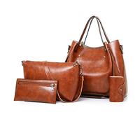 FANDARE Rétro Sac Bucket 4pcs Set Sac à Main Femme Sac portés épaule étanche Tote Cabas Sacs bandoulière PU Cuir Pochette pour Voyage Travail Achats Fête Marron