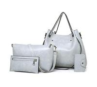 FANDARE Rétro Sac Bucket 4pcs Set Sac à Main Femme Sac portés épaule étanche Tote Cabas Sacs bandoulière PU Cuir Pochette pour Voyage Travail Achats Fête Gris Clair