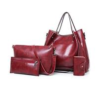 FANDARE Rétro Sac Bucket 4pcs Set Sac à Main Femme Sac portés épaule étanche Tote Cabas Sacs bandoulière PU Cuir Pochette pour Voyage Travail Achats Fête vin Rouge