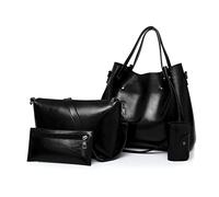 FANDARE Rétro Sac Bucket 4pcs Set Sac à Main Femme Sac portés épaule étanche Tote Cabas Sacs bandoulière PU Cuir Pochette pour Voyage Travail Achats Fête Noir