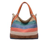 FANDARE Rétro Sacoche Toile Sac a Main Femme Sacs Cabas Portés Epaule Sac D'épaule pour Achats Fête École Voyage Crossbody Bag Rayé Multicolore A