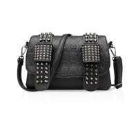 FANDARE Sac à Bandoulière Femme Crâne Sac à Main Punk Décoré de Clous Sac sous les bras avec 2 Bandoulières PU Cuir Sacoche Messenger Noir Sac Porté épaule Amovibles, pour Shopping, Travail, Voyage
