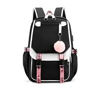 FANDARE Sac à Dos de Filles Sacs d'école Loisir Cartable Sacs Scolaires avec Port de Charge USB pour Femme Outdoor Voyage Achats Pique-Nique Campus Randonnée avec Pendentif Hair Ball Noir