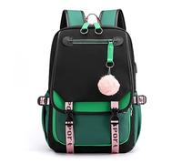 FANDARE Sac à Dos de Filles Sacs d'école Loisir Cartable Sacs Scolaires avec Port de Charge USB pour Femme Outdoor Voyage Achats Pique-Nique Campus Randonnée avec Pendentif Hair Ball Vert A