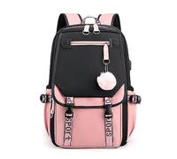 FANDARE Sac à Dos de Filles Sacs d'école Loisir Unisexe Cartable Sacs Scolaires avec Port de Charge USB pour Outdoor Voyage Achats Campus Randonnée avec Pendentif Hair Ball Daypacks Noir Rose A