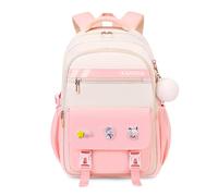 FANDARE Sac à Dos Élève avec Badges Amovibles & Pendentif en Peluche, Sacs Scolaire Tendance pour Collège & Lycée (5-16 Ans), Cartable journée Polyvalent pour Filles & Garçons Rose