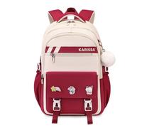 FANDARE Sac à Dos Élève avec Badges Amovibles & Pendentif en Peluche, Sacs Scolaire Tendance pour Collège & Lycée (5-16 Ans), Cartable journée Polyvalent pour Filles & Garçons Rouge