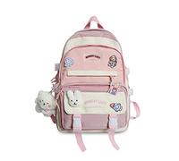 FANDARE Sac à Dos Femme Adorable 15.6 Pouces Compartiment Ordinateur Porte-Bagage Poche Multiple Imperméable en Polyester Cadeau Pin & Charms Rose