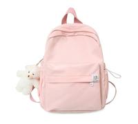 FANDARE Sac à Dos Femme pour Ados & Adultes, Sac Cabas Uni Coloris Bonbon, Sacs Léger en Nylon avec Peluche Porte-Bonheur, Grand Sac d'École/Voyage, Mignon Cartable pour Quotidien/Loisirs Rose
