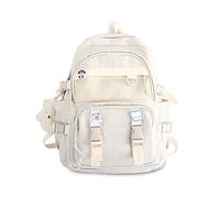 FANDARE Sac à Dos Femme Style Mignon avec Charm Ourson et Badge Cartoon Sac à Dos Nylon Imperméable pour Voyage et Travail Pochette Ordinateur 15.6 Pouces Blanc