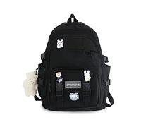 FANDARE Sac à Dos Femme Style Mignon avec Charm Ourson et Badge Cartoon Sac à Dos Nylon Imperméable pour Voyage et Travail Pochette Ordinateur 15.6 Pouces Noir