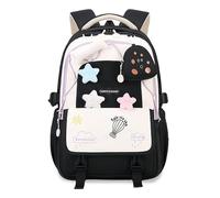 FANDARE Sac à Dos Fille Collège Lycée Léger Imperméable Oxford Grande Capacité Multipoches Étui de Valise Élastique à Livres Cadeaux Mignons (Porte-Clés + Peluches) Noir