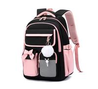 FANDARE Sac à Dos Mignon à nœud Papillon pour Filles Adolescentes Cartable léger Sacs d'École avec Compartiment pour Ordinateur Portable & Porte-clés en Peluche pour l'école études Voyages Noir Rose