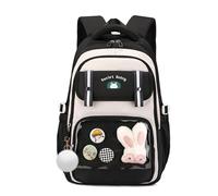 FANDARE Sac à Dos Mignon pour Adolescents, Cartable avec Pin's Cartoon & Charme Lapin, Sac à Dos Léger pour Usage Quotidien Voyage, Idéal comme Cadeau pour Les Filles de 6 à 16 Ans Noir