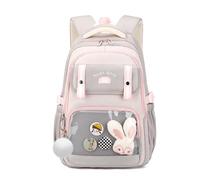 FANDARE Sac à Dos Mignon pour Adolescents, Cartable avec Pin's Cartoon & Charme Lapin, Sac à Dos Léger pour Usage Quotidien Voyage, Idéal comme Cadeau pour Les Filles de 6 à 16 Ans Gris Clair