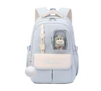 FANDARE Sac à Dos pour Enfants avec Peluche Cartable Sac pour Collège Lycée Multifonctionnel pour 5 à 22 Ans Sac Polyvalent pour Filles Garçons Usage Quotidien Voyage et Campus Bleu Clair