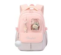 FANDARE Sac à Dos pour Enfants avec Peluche Cartable Sac pour Collège Lycée Multifonctionnel pour 5 à 22 Ans Sac Polyvalent pour Filles Garçons Usage Quotidien Voyage et CampusGris Rose
