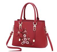 FANDARE Sac à Main Brodé Sacs Portés Épaule Étanche Sac à Bandouliere Sac Messager PU Cuir Sac Fourre Grand Sacoche pour Voyage Travail Achats Fête Vin Rouge