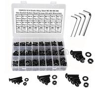FandWay 720 Pièces Vis à Tête Hexagonale, Vis à Six Pans Creux,Vis à Tête Bombée M3/M4/M5/M6, Vis à Métaux en Acier allié de qualité 10,9 Noir, Boulons et écrous Rondelles Avec 4 Clés Hexagonales.