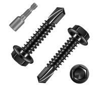 FandWay Lot de 100 vis autotaraudeuses pour acier, M4,2 x 16 mm, vis autoperceuses pour métal, vis Tek à tête hexagonale en acier inoxydable 410, revêtement noir, pour aluminium, bois, plastique.