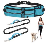 Faneam Laisse Main Libre Chien avec Ceinture Réglable et Sac Banane, Laisse Canicross Anti Traction, Longe Élastique Amovible 150-220cm, Bande Réfléchissante pour Courir et Marcher, Bleu