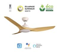 Fanelite - Ventilateur de plafond 132 cm blanc et ABS imitation bois LONGANA - Moteur DC 35W - LED 20W dimmable 3 couleurs + LED SUPERIEURE 2W 3000°K BLANC ET BOIS