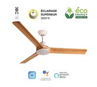 Fanelite - Ventilateur de plafond 132 cm blanc et bois BALABIO - Moteur DC 36W - LED 20W dimmable 3 couleurs + LED SUPERIEURE 2W