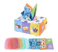fanelod boîte à mouchoirs, boîte à mouchoirs en Tissu, Jouets sensoriels Doux lavables et Pliables pour bébé, Jouets sensoriels Traction pour bébé avec 3 papiers à hochet Double Face