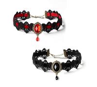FangBoJie Lot de 2 colliers gothiques en dentelle, colliers rétro en pierre précieuse avec pendentif en cristal, collier gothique creux en velours, accessoires d'Halloween pour femmes (noir, rouge)