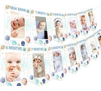 Fangleland Bannière photo pour 1er anniversaire sur le thème de l'espace - Décoration de premier anniversaire - Bannière bleue pour nouveau-né à 12 mois