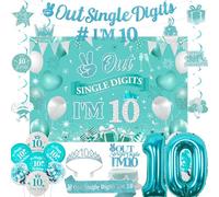 Fangleland Décorations d'anniversaire bleu sarcelle 10e anniversaire, paix à partir de chiffres individuels Je suis 10 bannières suspendues pour gâteau couronne écharpe ballons pour double digue