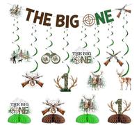 Fangleland Décorations de fête de 1er anniversaire de chasse au cerf - Bannière à suspendre - Tourbillons et centres de table en nid d'abeille pour le premier anniversaire sur le thème de la chasse