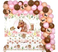 Fangleland Kit décorations fête d'anniversaire cheval filles - Toile fond sur le thème des chevaux, nappe, décorations gâteaux, décorations cupcakes, cowgirl occidentale, guirlande Rose