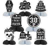 Fangleland Lot de 8 centres de table en nid d'abeille Rip to My 20s - Noir et argenté - 30 décorations de fête pour table, funérailles gothiques - Fournitures de table 3D