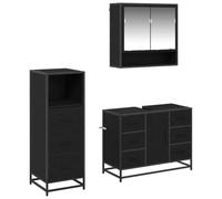 Fangmaliuyun Ensemble de 3 meubles de salle de bain - Aspect chêne noir - 80 x 33 x 60 cm - Avec lavabo - Armoire haute - Armoire haute moderne et durable - Pour petite et grande salle de bain