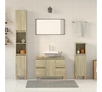 Fangmaliuyun Ensemble de 3 meubles de salle de bain, chêne Sonoma, 80 x 33 x 60 cm, avec deux armoires hautes, en bois d'eucalyptus massif, look moderne, peu encombrant, pour petites salles de bains