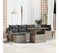 Fangmaliuyun Ensemble de canapé d'angle 7 places en polyrotin gris avec table en bois d'acacia résistant aux intempéries, meuble de salon d'extérieur peu encombrant pour balcon, terrasse et jardin