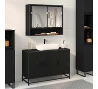 Fangmaliuyun Lot de 2 meubles de salle de bain - Chêne noir - 90 x 33 x 60 cm - Meuble sous vasque avec miroir - Support en bois - Design moderne et peu encombrant - Pour petites salles de bains
