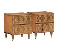 Fangmaliuyun Lot de 2 tables de chevet en bois de manguier - 40 x 33 x 46 cm - Marron miel - Motif floral rétro - Pieds en fer - Tiroirs - Pour chambre à coucher, salon