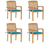 Fangmaliuyun Lot de 4 chaises de jardin empilables en bois de teck massif avec coussin d'assise bleu - 60 x 57,5 x 90 cm - Moderne - Pour jardin, terrasse, balcon