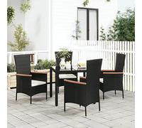 Fangmaliuyun Lot de 4 chaises de jardin en polyrotin noir, 60 x 58 x 108 cm, avec coussins d'assise blanc crème, accoudoirs en bois d'acacia, robustes et modernes, pour balcon, terrasse et jardin