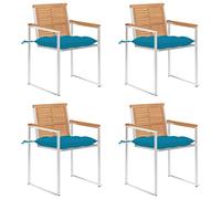 Fangmaliuyun Lot de 4 chaises de jardin en teck avec coussins bleu clair - 60 x 56 x 85 cm - Structure en acier inoxydable massif - Résistant aux intempéries - Empilables - Pour jardin, balcon