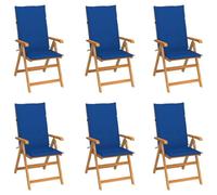 Fangmaliuyun Lot de 6 chaises de jardin pliantes en bois de teck - Avec coussin d'assise bleu roi - Dossier réglable - 57 x 71,5 x 100 cm - Design moderne et durable - Pour jardin, terrasse, balcon