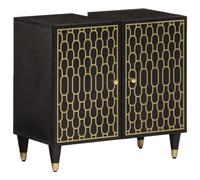 Fangmaliuyun Meuble de lavabo 62 x 33 x 58 cm - Noir - Bois de manguier - Fleurs rétro - Support en fer - Compact - Fixation murale