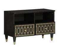 Fangmaliuyun Meuble TV 70 x 33 x 46 cm en bois de manguier massif avec finition noire, motif rétro sculpté à la main et pieds en fer, robuste et durable, pour salon, couloir, chambre à coucher