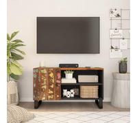 Fangmaliuyun Meuble TV bas 80 x 33 x 46 cm en bois massif recyclé et pieds en fer, meuble TV tendance avec 2 étagères ouvertes et 1 porte, design moderne et stabilité pour salon et chambre à coucher