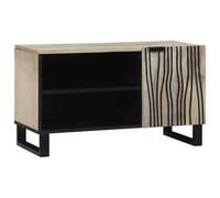 Fangmaliuyun Meuble TV bas en bois de manguier massif et fer blanc 80 x 33 x 46 cm - Buffet rustique avec motif ondulé - Meuble TV stable pour salon, couloir et chambre à coucher