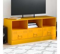 Fangmaliuyun Meuble TV bas jaune moutarde 99 x 39 x 44 cm en acier froid avec 3 tiroirs, design moderne, charge maximale : 110 kg, espace de rangement pour écrans de 51 à 76 cm dans le salon, la