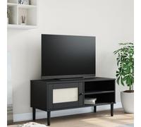 Fangmaliuyun SENJA - Meuble TV - 106 x 40 x 49 cm - Pin massif - Noir - Laqué UV - Porte aspect rotin - 3 compartiments - Meuble bas moderne pour salon et couloir