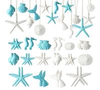 Fangoo 32Pièces Plage thème Ornements résine pour Arbre de Noël Coquillages étoiles de mer Cheval de mer canapé sirène Queue Forme accrochée pour fête d'été Anniversaire Salle de Bains décorations